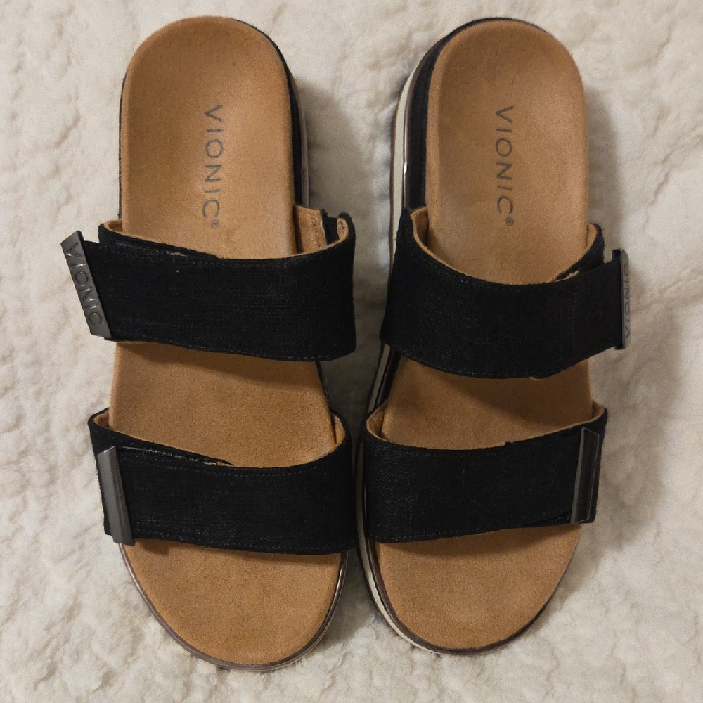 Vionic Black Slide Sandals with Tan Footbed